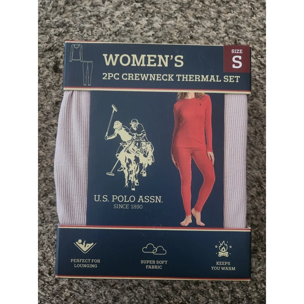 US Polo Assn Womens 2PC Crewneck Thermal Set Truffle Pink‎ Ribbed Base Layer S
